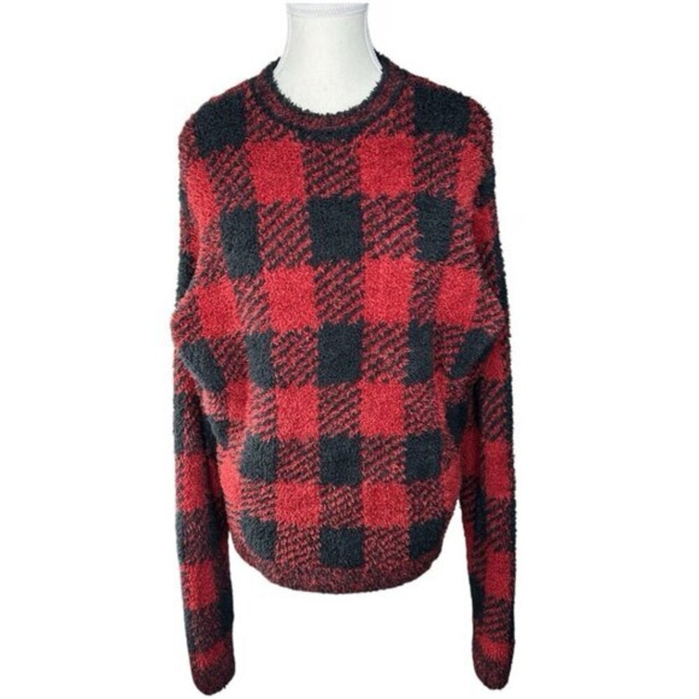 SKIMS Buffalo Plaid Bouclé-Knit Sweater‎ Red Black Checkered Crewneck S/M
